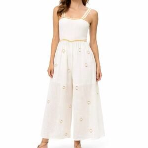 Barok White Cotton Wide Leg Jumpsuit Boho Open Back Embroidered Smocked Size S